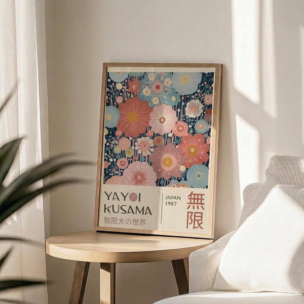 May include: Framed poster with colorful floral pattern in pink, coral, and blue tones displayed on round wooden side table next to beige upholstered chair. Poster features Japanese text reading "Yayoi Kusama" and "Japan 1987" below vibrant flower design. Natural lighting creates soft shadows on white wall. Green plant leaves visible in corner, creating cozy living room setting.