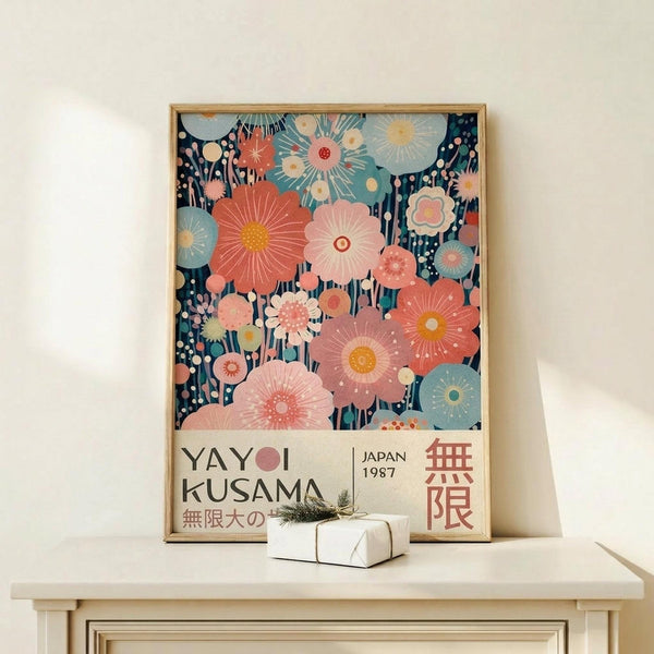 May include: Framed poster featuring colorful floral artwork in coral, pink, and teal tones with radiating flower patterns against navy background, displayed on light wood shelf next to small white wrapped gift with twine and greenery sprig, against cream wall