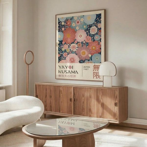 May include: Framed colorful floral art print hanging above wooden credenza in modern living room with white curved chair, round glass coffee table, and floor lamp. The poster features vibrant flowers in coral, pink, and blue tones against dark background with Japanese text at bottom.