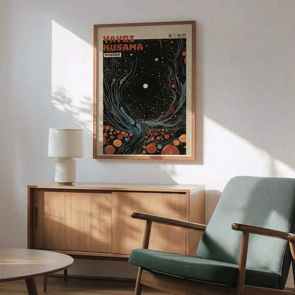 May include: Framed poster with dark cosmic design featuring swirling patterns, colorful dots, and celestial elements in orange, blue, and cream tones. Displayed above mid-century modern wood credenza with white lamp, next to sage green upholstered chair with wooden arms. Warm sunlight creates shadows on white wall in contemporary living room setting.