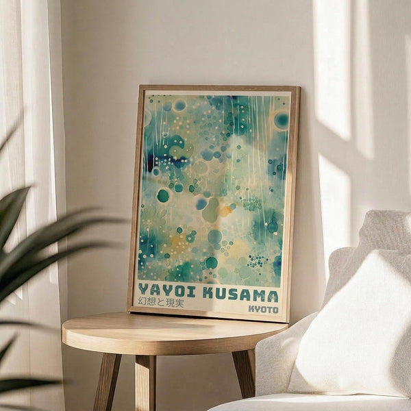 May include: Abstract art print with teal, blue and cream circular dots and dripping patterns in light wooden frame, displayed on round wooden side table next to beige upholstered chair. Sunlight streams across white wall creating soft shadows from nearby plant leaves. The artwork features organic bubble-like shapes in various sizes with flowing vertical elements throughout the composition.