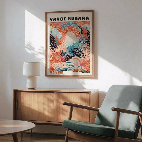 May include: Framed Yayoi Kusama exhibition poster with colorful polka dot pattern in orange, blue, and black tones hanging on white wall above mid-century modern wood credenza with white ceramic lamp, next to mint green upholstered armchair with wooden frame in sunlit room with geometric shadows
