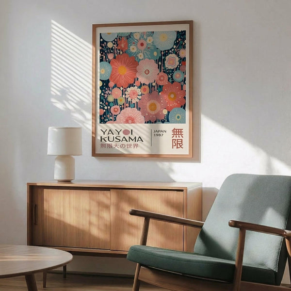 May include: Framed floral art print with colorful blooms in coral, pink, and teal against dark background, displayed above wooden sideboard with white ceramic lamp. Mid-century modern sage green armchair with wooden arms sits nearby, with sunlight casting striped shadows across white wall. Print features Japanese text and "JAPAN 1987" at bottom.