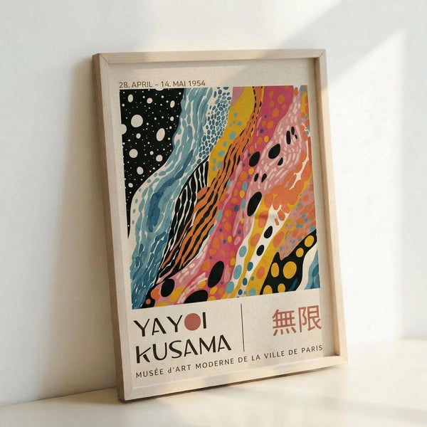 A framed exhibition poster featuring abstract flowing patterns in vibrant colors including black starry sections, blue wavy areas, pink and orange swirled bands, and yellow accents with polka dots throughout. The poster displays "YAYOI KUSAMA" and Japanese characters below the artwork, with "MUSÉE D'ART MODERNE DE LA VILLE DE PARIS" at the bottom and dates "28. APRIL - 14. MAI 1954" at the top. The light wood frame leans against a white wall.