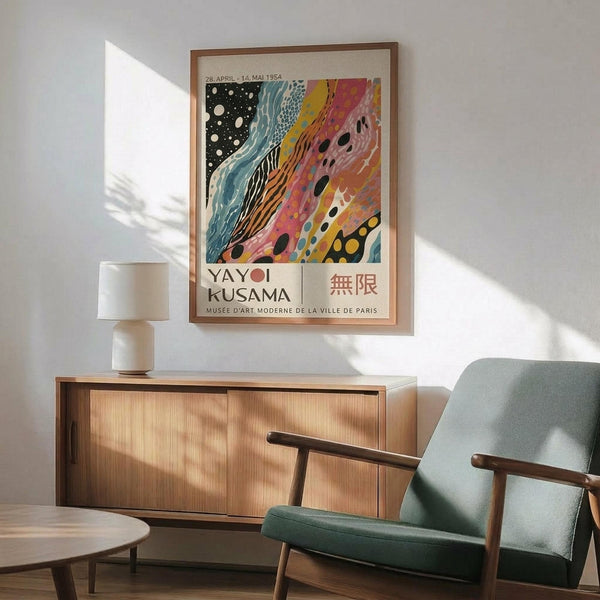 May include: Colorful abstract art poster in wooden frame hanging above modern credenza with table lamp. Green mid-century chair sits nearby. Poster features flowing patterns in black, blue, yellow, pink and orange with polka dots. Japanese text and museum information below artwork. Bright natural light creates shadows across white wall and wooden furniture.