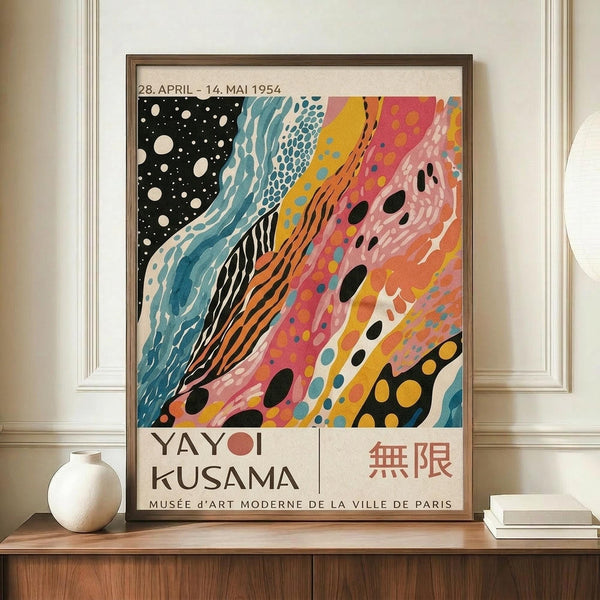 May include: Framed vintage-style exhibition poster featuring abstract flowing patterns in vibrant colors - black starry section transitioning to blue, orange, pink and yellow organic shapes with dots and swirls. Text shows "YAYOI KUSAMA" and Japanese characters below colorful artwork. Poster displayed on wooden sideboard beside white ceramic vase and stacked books in bright room with white walls and molding.