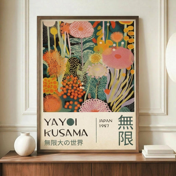 May include: Framed exhibition poster featuring vibrant botanical artwork with colorful abstract flowers, leaves, and organic shapes in pink, orange, yellow, and green tones. Text reads "YAYOI KUSAMA" and "JAPAN 1987" with Japanese characters. Poster displayed on wooden sideboard next to white ceramic vase and stacked books in elegant room with cream walls and white trim.
