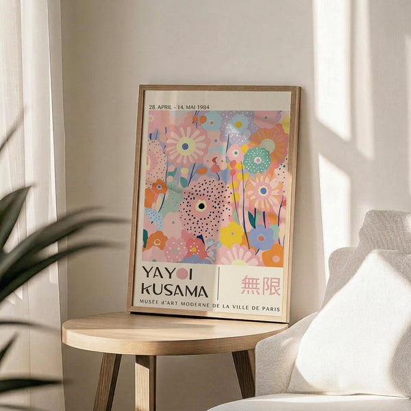 May include: Colorful art poster in wooden frame displayed on round wooden side table next to beige upholstered chair. Artwork features vibrant floral and dotted patterns in pink, blue, yellow, and orange with exhibition text below. Soft natural lighting creates shadows on white wall. Green plant leaves visible in corner.
