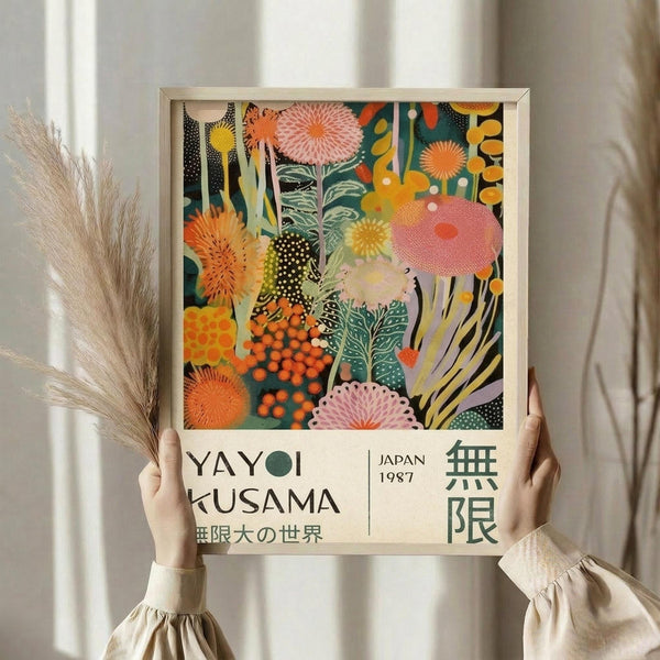May include: Person holding framed vintage Japanese art poster featuring vibrant abstract floral design with orange, pink, and teal circular blooms, dotted patterns, and botanical elements against dark background. Light wood frame, cream matting with black text including "YAYOI KUSAMA" and "JAPAN 1987" with Japanese characters. Dried wheat stems visible to left, neutral curtained background, person wearing beige ruffled sleeve top.