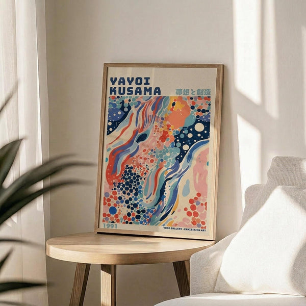 May include: Framed art print with colorful abstract design featuring flowing lines, polka dots, and organic shapes in blues, oranges, and coral tones. The poster displays "YAYOI KUSAMA" text at top with Japanese characters. Print sits on light wood round side table next to beige upholstered chair. Sunlight streams across white walls, with plant leaves visible in corner of bright, minimalist room setting.