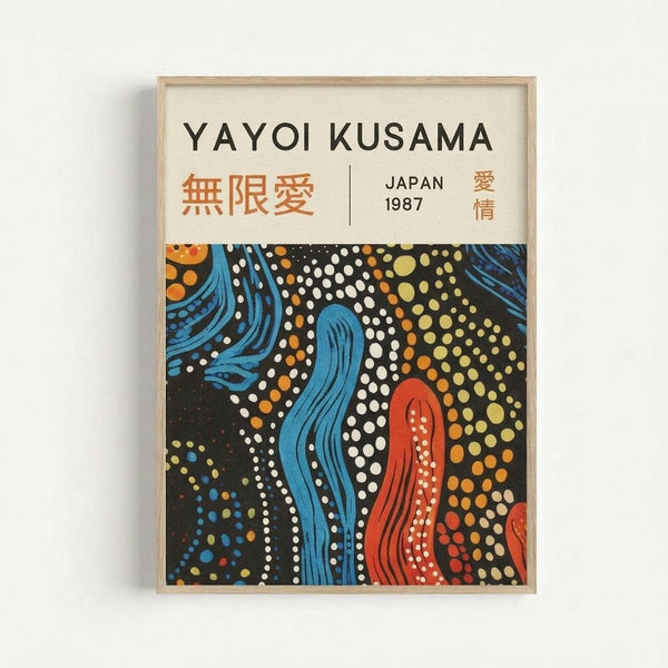 Framed art print featuring Yayoi Kusama's distinctive polka dot style with flowing blue and red organic forms against a black background filled with colorful dots in white, orange, yellow, and blue. Text at top reads "YAYOI KUSAMA" with Japanese characters and "JAPAN 1987". The artwork is displayed in a light wooden frame against a white background, showing the characteristic infinity net and biomorphic patterns typical of Kusama's work.