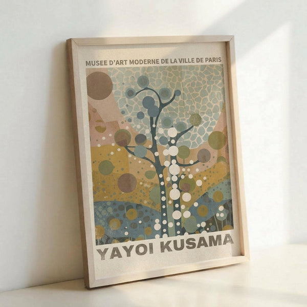 May include: Framed museum poster leaning against white wall featuring abstract tree design with colorful polka dots and circles in green, yellow, blue, and pink tones. The artwork shows a stylized tree with branching patterns amid dotted background landscapes. Text at top reads "Musee d'Art Moderne de la Ville de Paris" and bottom shows "Yayoi Kusama" in brown lettering. Light wooden frame with natural wood grain visible.