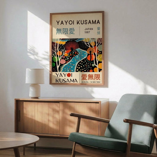May include: Framed art poster featuring Yayoi Kusama's colorful abstract design with polka dots, organic shapes in blues, oranges, and earth tones, displayed above a wooden sideboard with white ceramic lamp. Mid-century modern teal upholstered chair with wooden arms sits beside round coffee table. Warm natural lighting creates shadows on white wall in minimalist living room setting.