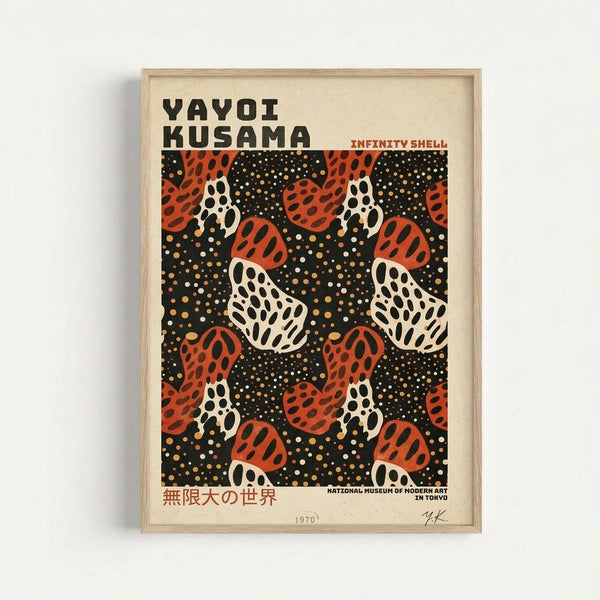 A framed vintage-style art poster featuring a repeating pattern of stylized shells in red-orange and white with black polka dot details on a dark background scattered with yellow and white dots. The poster displays "YAYOI KUSAMA" at the top in bold black letters, "INFINITY SHELL" in smaller red text, Japanese characters at the bottom left, "NATIONAL MUSEUM OF MODERN ART IN TOKYO" on the right, "1970" and an artist signature. The cream-colored poster is displayed in a