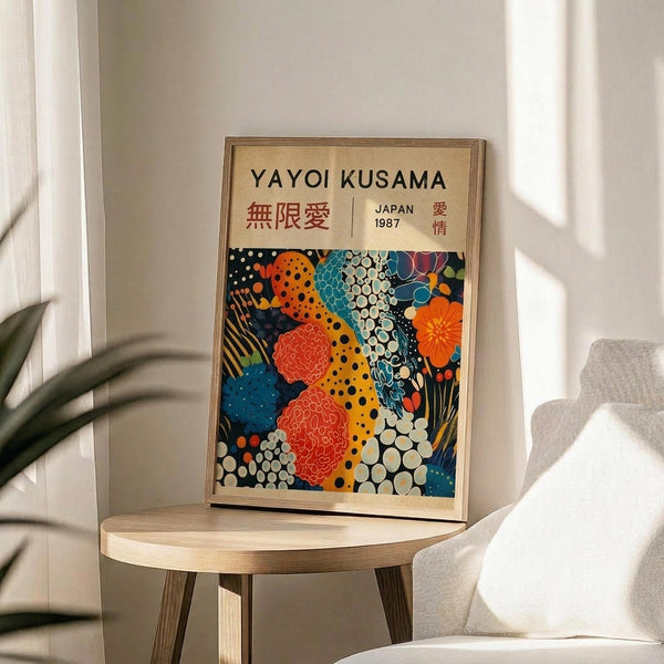 May include: Framed art print featuring vibrant abstract design with colorful polka-dotted organic shapes in orange, blue, red, and yellow on dark background, displayed on light wood round side table next to beige upholstered chair, with plant leaves visible in soft natural lighting against white wall