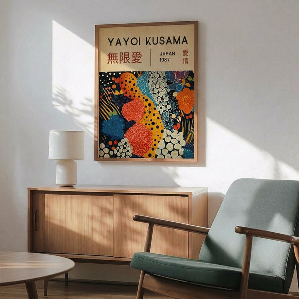 May include: A framed art print featuring abstract colorful patterns with dots, circles, and organic shapes in orange, blue, red, and yellow tones, displaying "YAYOI KUSAMA" and Japanese characters at the top with "JAPAN 1987". The wooden-framed poster hangs above a mid-century modern sideboard with a white ceramic table lamp, next to a mint green upholstered armchair with wooden frame. Warm sunlight creates geometric shadows on the white wall.