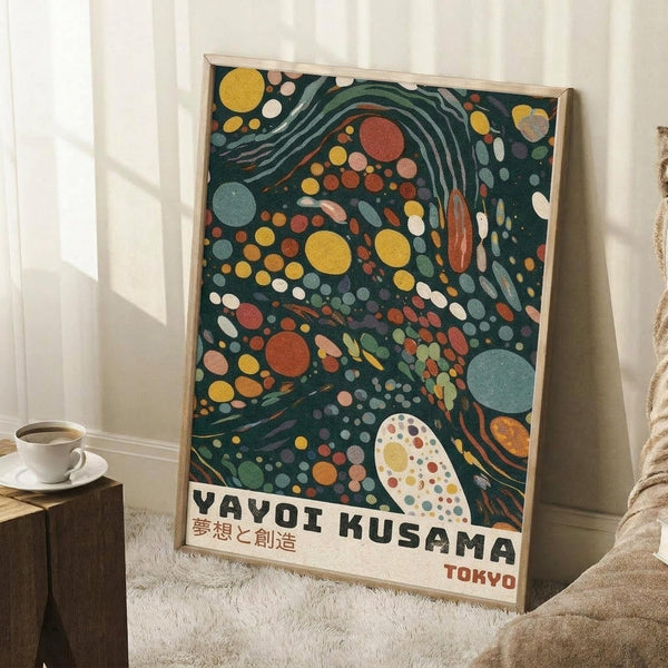 May include: Framed poster with colorful abstract design featuring swirling green patterns, scattered circles in yellow, orange, red, and white on dark background, with Japanese text and "TOKYO" at bottom. Light wood frame leaning against white wall next to coffee cup on wooden surface and cream blanket on textured rug.