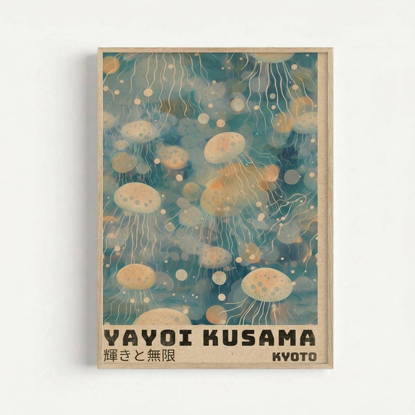 Framed art print featuring jellyfish floating in teal and turquoise water with flowing tentacles and spotted patterns in cream and peach tones. Text at bottom reads "YAYOI KUSAMA" with Japanese characters and "KYOTO" in black letters. Light wood frame against white wall background.