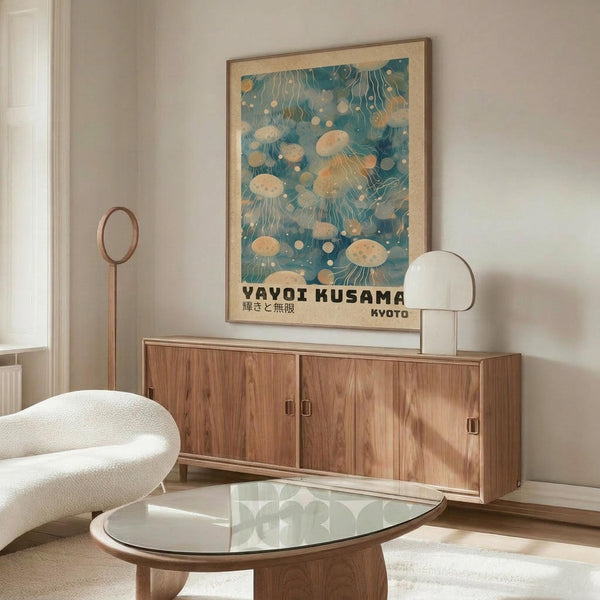 May include: Framed poster featuring jellyfish in teal and peach colors with Japanese text displayed above a wooden credenza in a modern living room. White curved chair and glass coffee table visible. Minimalist interior with neutral walls and natural lighting.