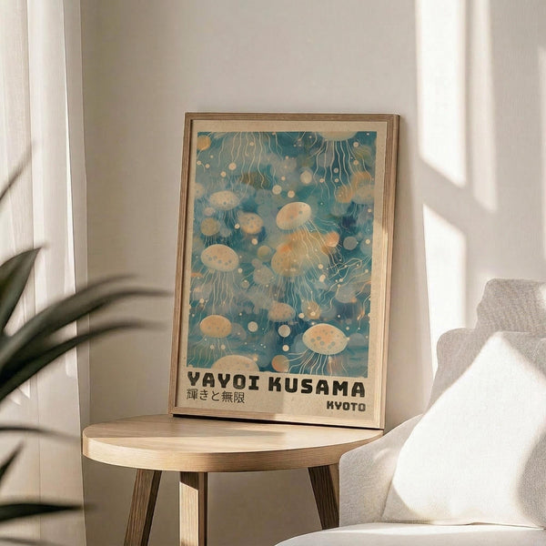 May include: Framed poster with blue watercolor background featuring floating jellyfish in cream and peach tones with flowing tentacles, displayed on round wooden side table next to beige upholstered chair. Natural sunlight streams across white wall creating geometric shadows, with green plant leaves visible in corner of minimalist room setting.