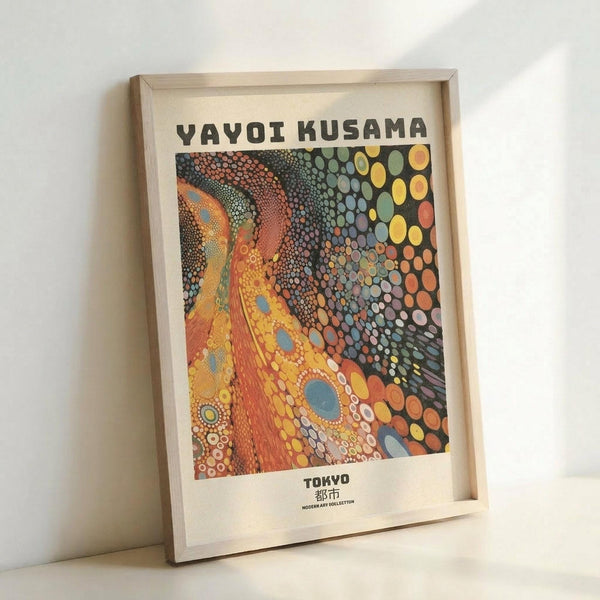 May include: Framed art print in light wood frame leaning against white wall, featuring colorful abstract dot pattern artwork in vibrant oranges, yellows, blues and greens with organic flowing shapes, text reading "YAYOI KUSAMA" at top and "TOKYO" at bottom, displayed on light colored surface