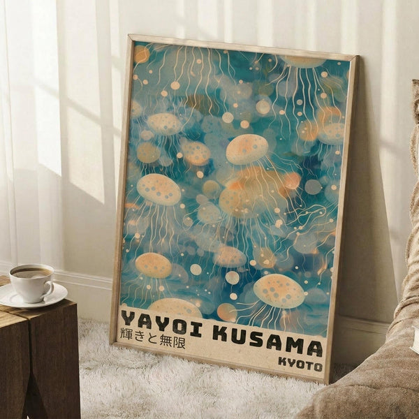 May include: Framed poster with teal blue watercolor background featuring floating jellyfish in cream and peach tones with flowing tentacles, displayed in light wooden frame leaning against white wall corner, white coffee cup on wooden block nearby, beige knit blanket visible at edge, soft natural lighting creating shadows on wall