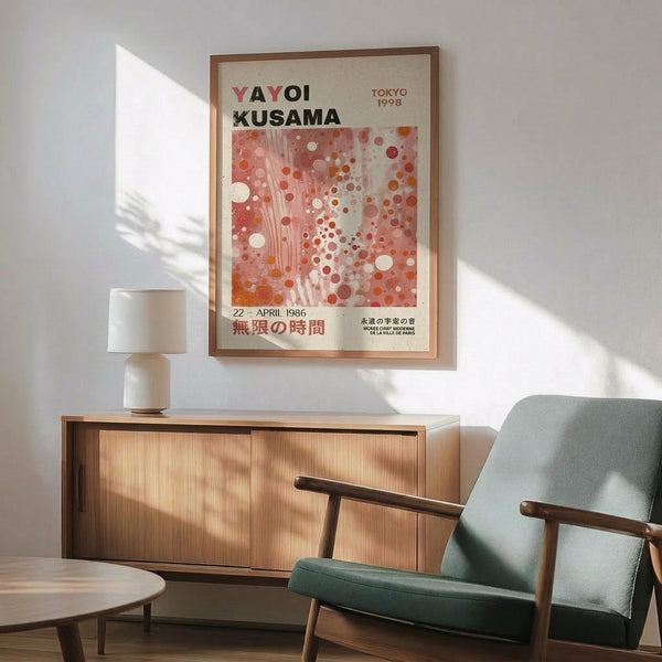 May include: Framed Yayoi Kusama exhibition poster featuring red, orange and white polka dots on cream background, displayed above wooden sideboard with white ceramic lamp. Mid-century modern living room setting with sage green upholstered armchair, round coffee table, and natural sunlight casting geometric shadows on white wall.
