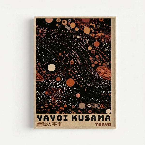 Framed art print featuring black background with scattered dots and circles in warm earth tones including rust, orange, cream, and brown. The abstract pattern resembles a cosmic or cellular design with varying sized circles and dotted spiral formations. Text reads "YAYOI KUSAMA" with Japanese characters below and "TOKYO" in bottom right corner, all on beige background beneath the artwork. Light wood frame against white wall.