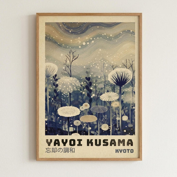 May include: Framed art print hanging on white wall featuring stylized botanical illustration with cream and blue tones. Shows abstract mushrooms, dandelions, and plants beneath swirling sky with white dots resembling stars or snow. Text reads "YAYOI KUSAMA" and "KYOTO" with Japanese characters below. Natural wood frame with cream matting creates clean, modern gallery wall appearance.