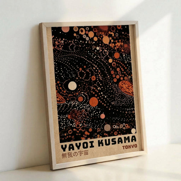 A framed poster featuring a black background filled with countless dots and circles in warm tones of orange, rust, cream, and white, creating a cosmic infinity pattern. The artwork displays "YAYOI KUSAMA" and "TOKYO" text at the bottom with Japanese characters. The print is mounted in a light wood frame and photographed leaning against a white wall, casting a soft shadow.
