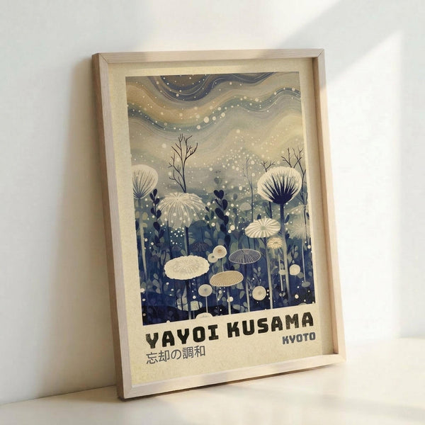 May include: Framed art print featuring stylized botanical illustration with cream and navy blue color palette. Shows whimsical mushrooms, dandelions, and wildflowers beneath swirling starry sky with white dots resembling snow or seeds. Japanese text appears at bottom. Light wood frame displayed against white wall, casting soft shadow.