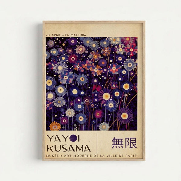 A framed vintage exhibition poster featuring a dark purple background filled with colorful stylized flowers and circular dots in shades of blue, orange, pink, and white. The flowers have daisy-like petals with various sized centers, creating a whimsical garden pattern. Text at the top shows dates "28. APRIL - 14. MAI 1984" and below the artwork reads "YAYOI KUSAMA" with Japanese characters and "MUSÉE D'ART MODERNE DE LA VILLE DE PARIS". The poster is displayed in a light wo