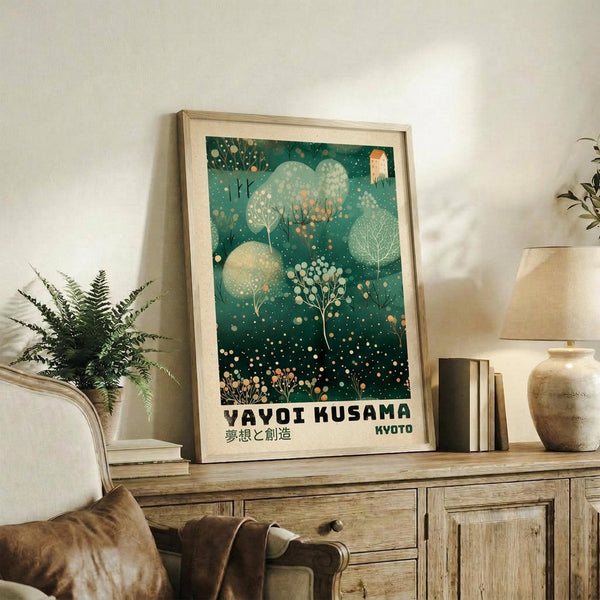 May include: Framed art print with teal and green botanical design featuring stylized trees, leaves, and dotted patterns in vintage poster style, displayed on rustic wooden sideboard alongside fern plant, ceramic vase, and books in neutral-toned living room setting with cream chair visible.