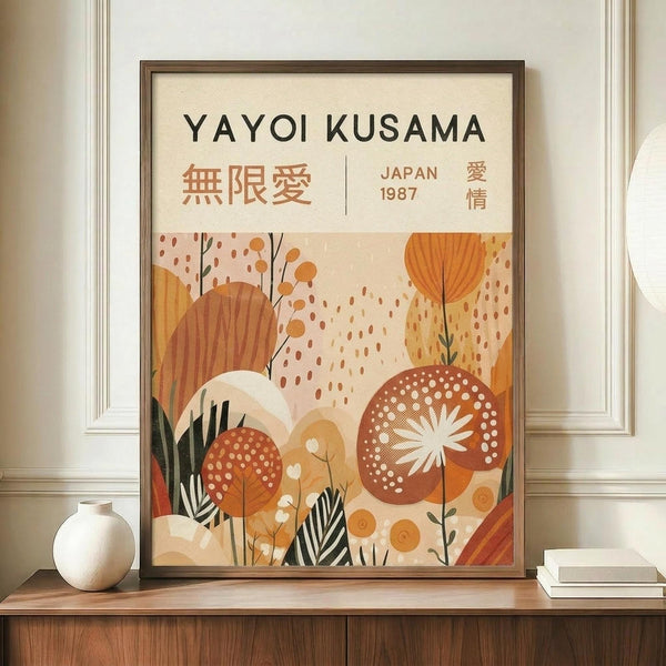 May include: Framed art print displayed on wooden console table with white ceramic vase and stacked books. Print features warm orange, brown, and cream botanical illustration with abstract flowers, plants, and dotted patterns. Text reads "Yayoi Kusama" with Japanese characters and "Japan 1987". Minimalist interior setting with white paneled walls and natural lighting creating soft shadows.