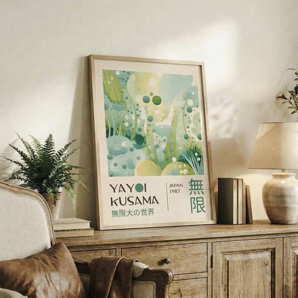 May include: Framed art print with abstract green and yellow botanical design featuring dots and organic shapes, displayed on rustic wooden sideboard next to fern plant, books, and ceramic vase in neutral-toned living room setting