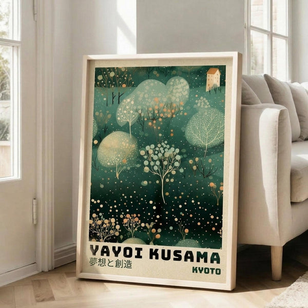May include: Framed art print with green background featuring stylized trees, polka dots, and organic shapes in cream and orange tones. Text reads "YAYOI KUSAMA" with Japanese characters and "KYOTO" below. Light wood frame leaning against white wall next to beige upholstered chair in bright living room with large windows.