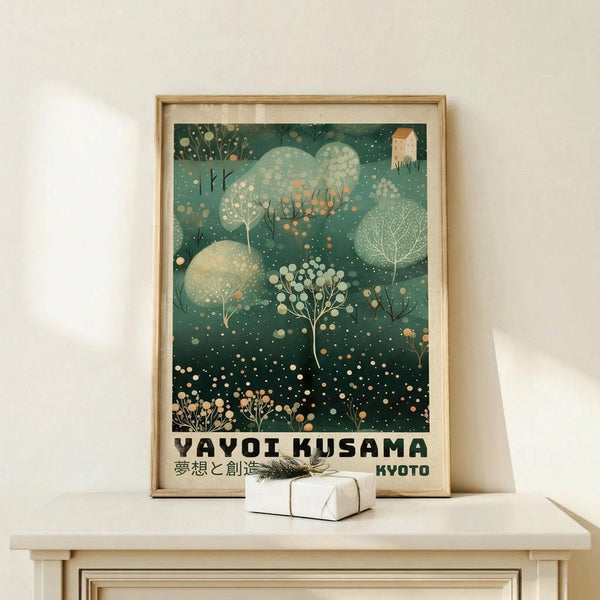 May include: Framed art print on light wood shelf against cream wall, featuring stylized trees and botanical elements in green tones with dotted patterns and circular shapes. Small white wrapped gift box with twine sits beside the natural wood frame. The artwork shows an abstract forest scene with whimsical polka-dotted foliage in sage green and cream colors.