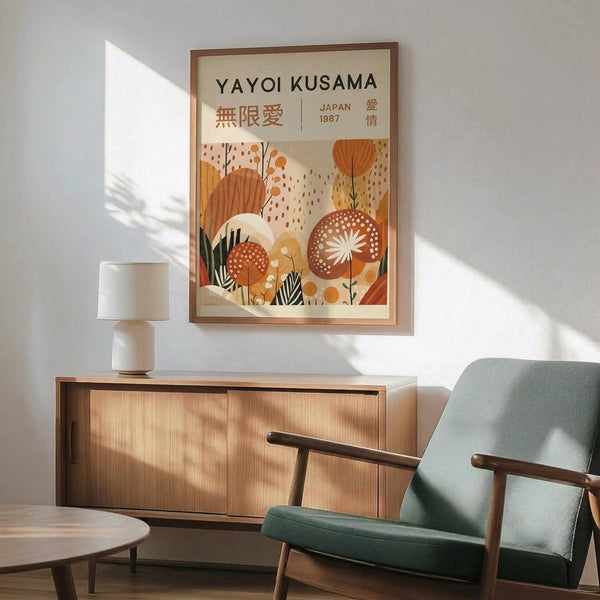 May include: Framed art print on white wall featuring abstract botanical design in warm orange, brown, and cream tones with Japanese text and "JAPAN 1987". Shown above mid-century modern wood credenza with table lamp, next to sage green upholstered armchair with wooden frame. Sunlight casts diagonal shadows across the minimalist living room scene.