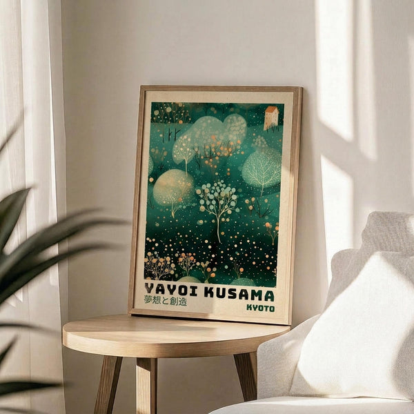May include: Framed art print with green gradient background featuring whimsical white and golden dotted trees and botanical elements. Text reads "YAYOI KUSAMA" and "KYOTO" in black letters at bottom. Natural wood frame sits on round wooden side table next to beige upholstered chair, with plant leaves visible in corner and soft natural lighting creating shadows on white wall.