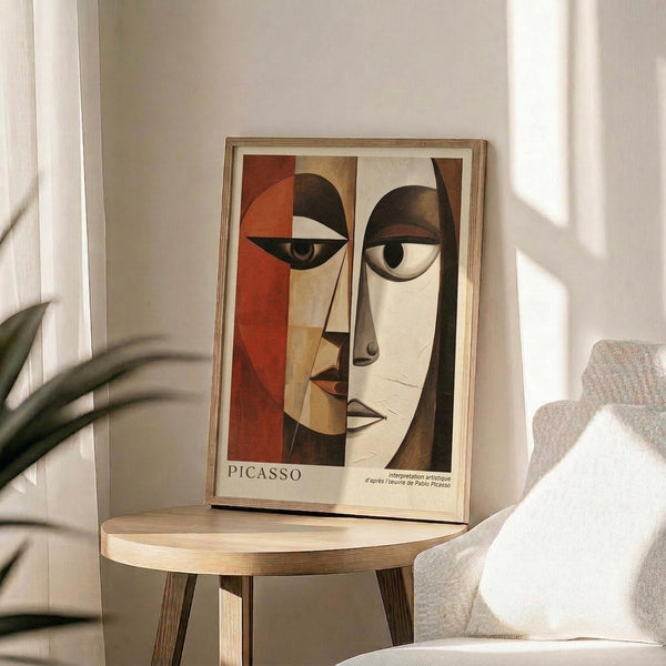 May include: Framed poster featuring abstract cubist-style portrait with geometric faces in warm orange, beige, and brown tones, displayed on round wooden side table next to beige upholstered chair. Natural sunlight streams across neutral-toned room with plant leaves visible in corner. Artwork shows two stylized faces with prominent eyes in modernist angular composition within light wood frame.