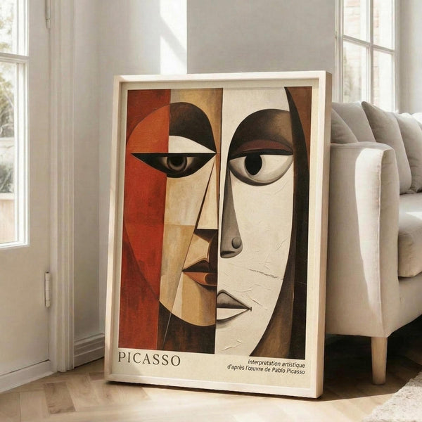 May include: Framed cubist-style portrait poster featuring abstract face with geometric shapes in warm tones of orange, brown, and cream, leaning against white wall next to beige upholstered chair in bright, naturally-lit room with large windows