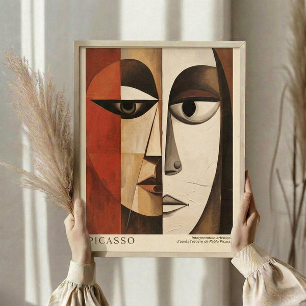 May include: Person in cream sweater holding framed cubist-style portrait print in light wood frame. Abstract face artwork features geometric shapes in warm earth tones - terracotta, ochre, cream, and brown - with stylized eyes and angular features reminiscent of Picasso's style. Dried pampas grass stems visible on left side. Soft natural lighting against neutral curtained background creates minimalist home decor scene.