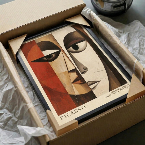 May include: Cubist-style portrait print in cardboard shipping box with protective packaging. Abstract face features geometric shapes in warm tones of red, orange, brown and cream. Two wooden poster tubes wrapped in plastic lie beside the opened package on white tissue paper. Black picture frame visible underneath print.