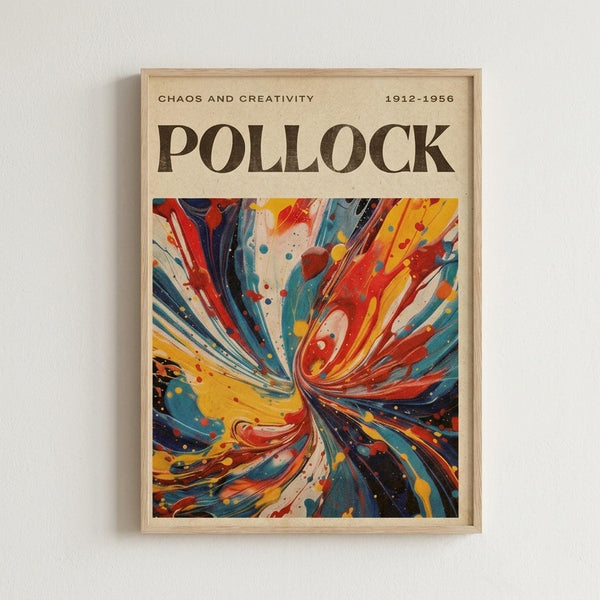 The image is a framed poster with a vibrant abstract painting featuring swirling colors and shapes.