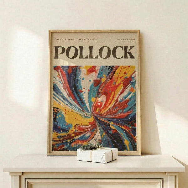 a framed poster with a vibrant abstract painting on the cover, displayed on a white shelf or table.