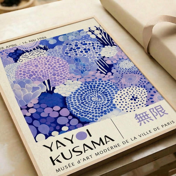A framed poster for the Yayoi Kusama exhibition at the Musee d'Arts in Paris, France, dated April 14, 1984.
