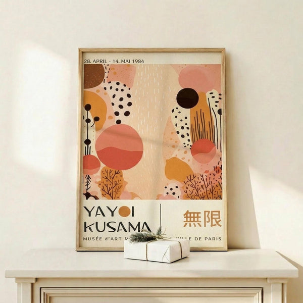 a poster for the Yayoi Kusama exhibition at the Museum d'Art Métropolitain in Paris, France, dated April 28, 1984.