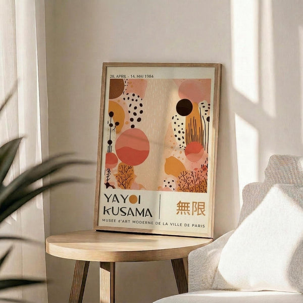 A framed poster of a colorful abstract artwork is displayed on a wooden table in a room with a white couch and a plant in the background.