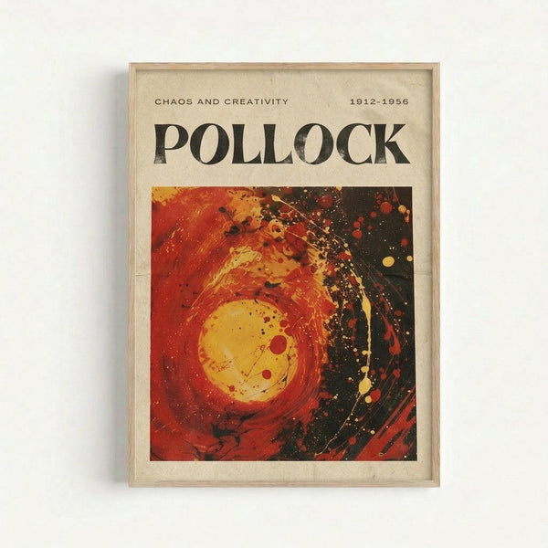 The image is a framed poster with a vibrant abstract painting featuring a large, swirling circle in shades of red, orange, and yellow.