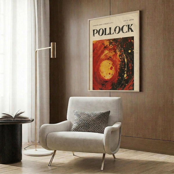 a modern living room with a white armchair, a floor lamp, and a framed poster on the wall.
